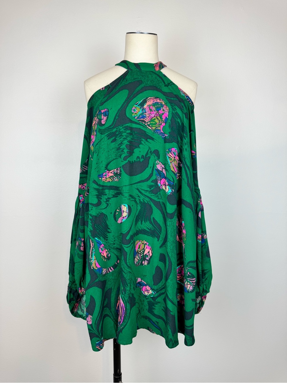 Free People Drift Away Green Print Cold Shoulder Tunic Dress Medium